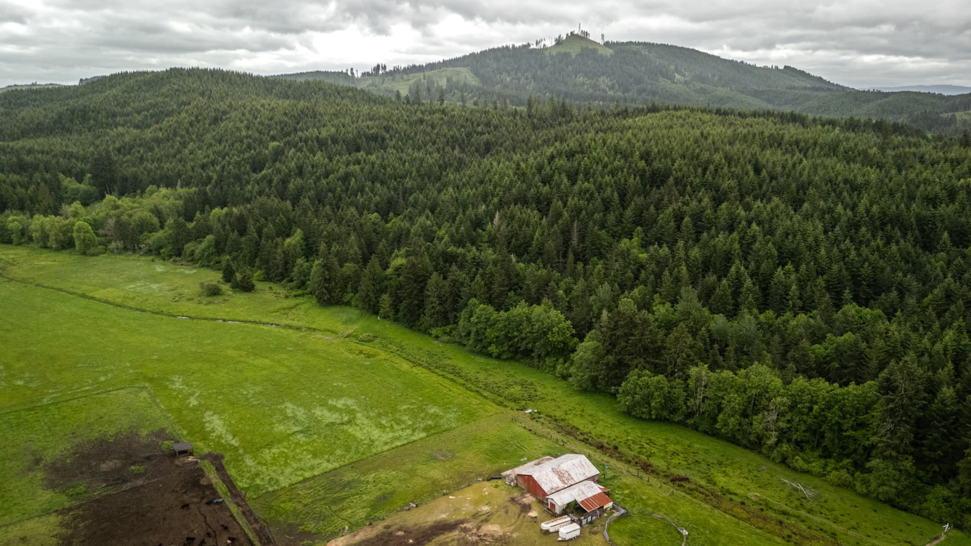 Aerial view of the farm pasture, barn and surrounding forest