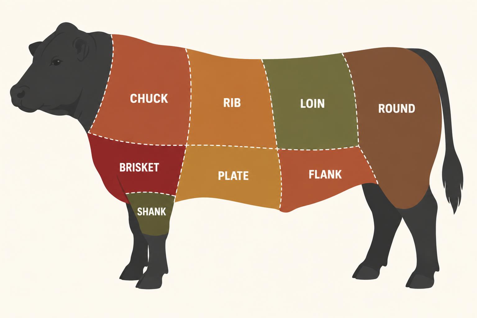 Illustrated beef cut chart showing the chuck, rib, loin, round, brisket, plate, flank, and shank sections of a steer