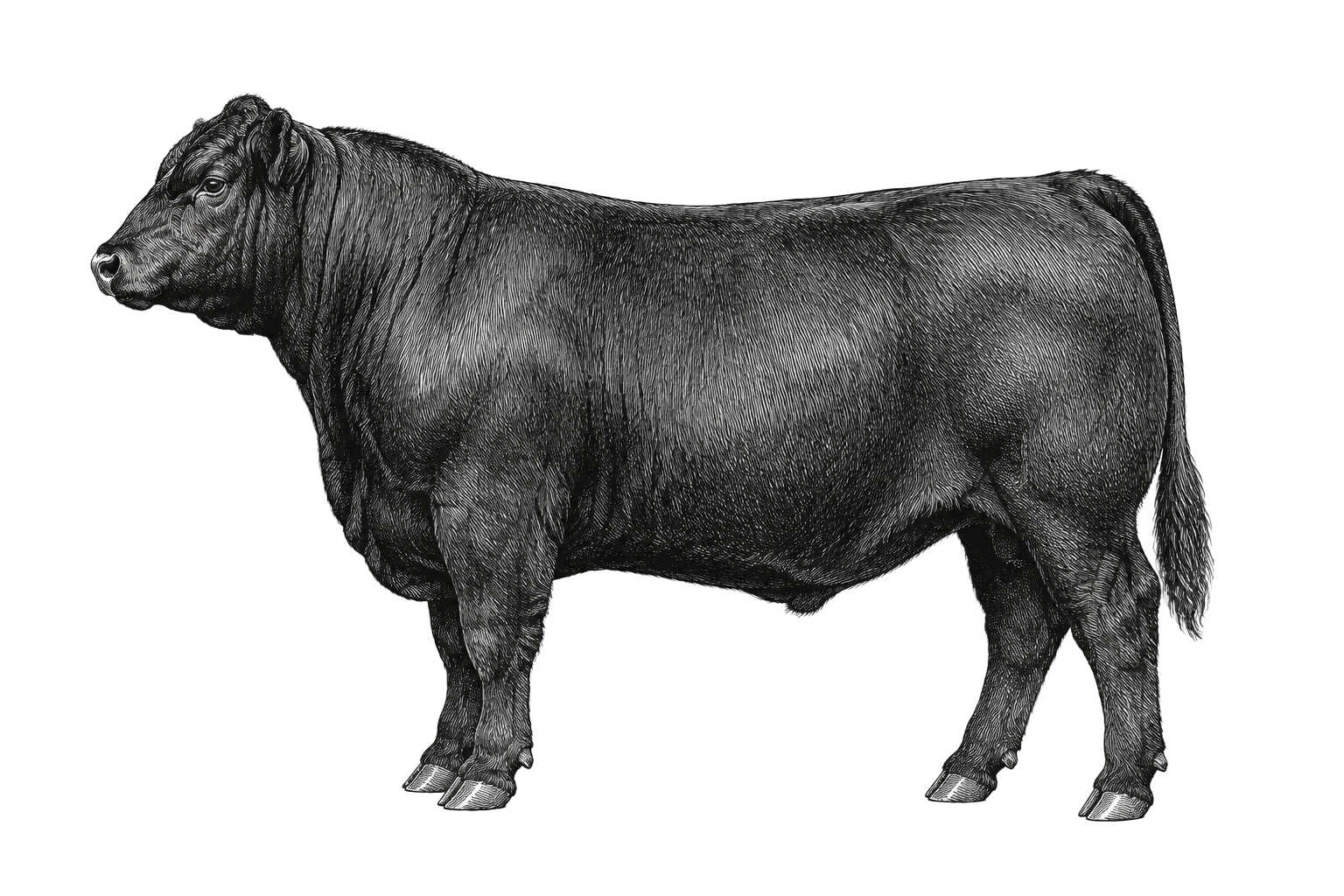 Hand-drawn sketch of a beef steer, side view with the Bowed G brand on its hip